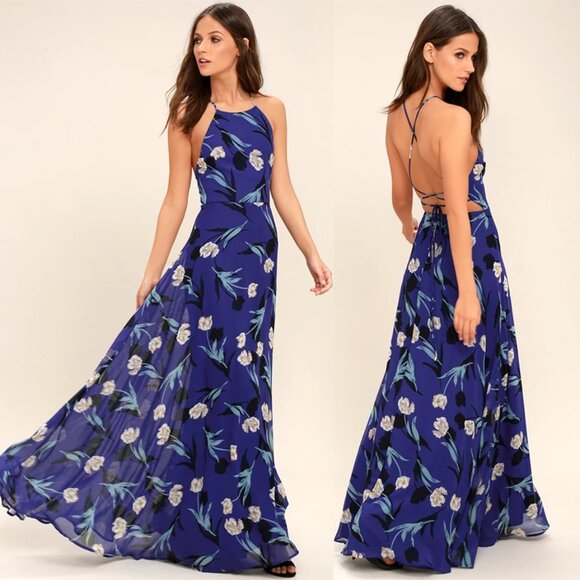 Lulus Dresses & Skirts - Lulu's Royal Blue Floral Print Strappy Lace-Up Maxi Dress – Size Small
